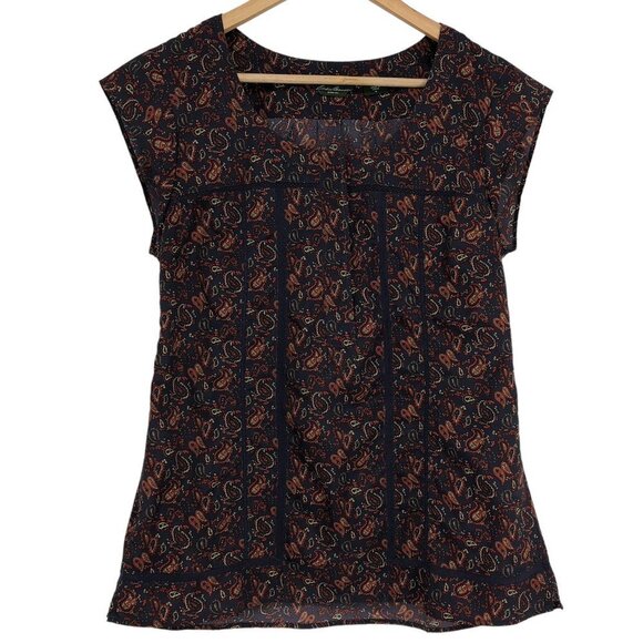 Eddie Bauer Navy burgundy Paisley cap sleeve button front lace cutout blouse Med - Picture 1 of 15